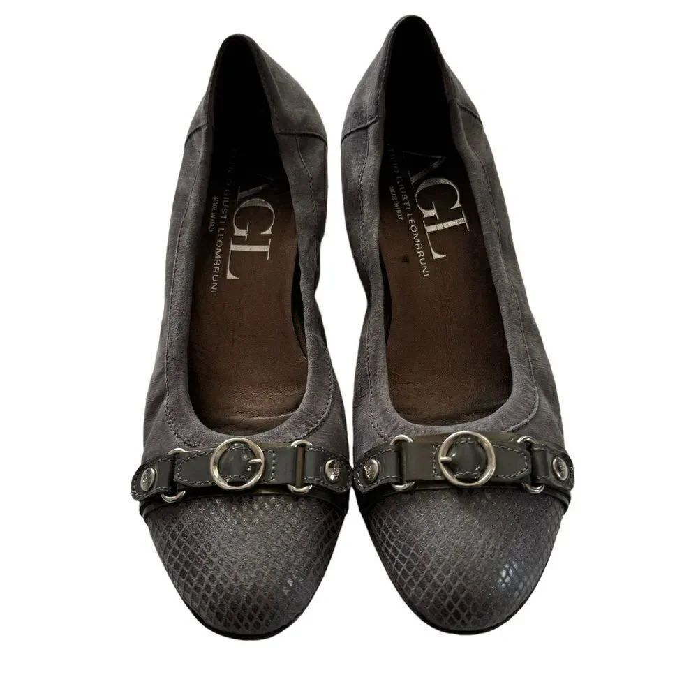 AGL Attilio Giusti Leombruni Cap Toe Buckle Low Wedge Heel Gray Size 39.5